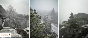 Zimowy widok na skały na Szczelińcu Wielkim w Parku Narodowym Gór Stołowych