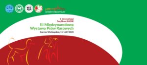 Grafika w kolorze zielonym, białym i czerwonym z napisem: III Międzynarodowa Wystawa Psów Rasowych w Gorzowie Wielkopolskim.