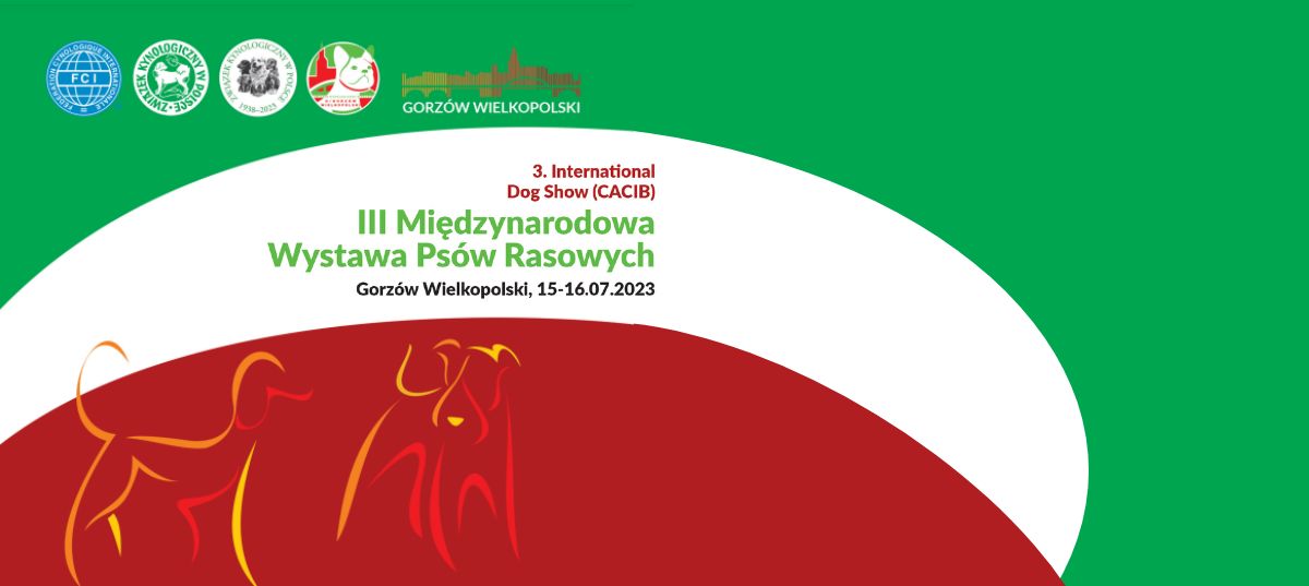 Grafika w kolorze zielonym, białym i czerwonym z napisem: III Międzynarodowa Wystawa Psów Rasowych w Gorzowie Wielkopolskim.